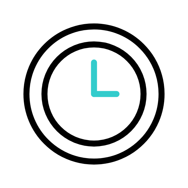 Simple black and white clock icon with blue hour and minute hands, indicating 3:00.