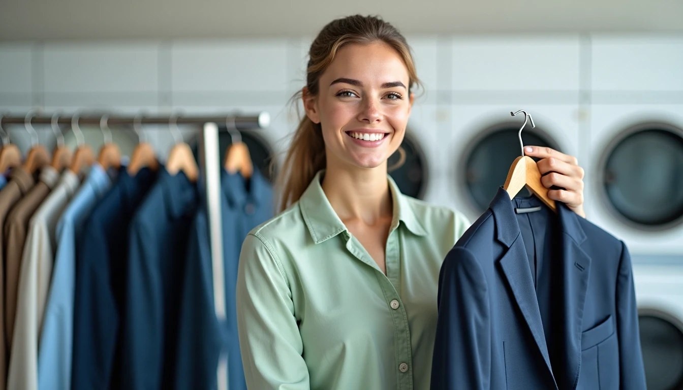 A woman in a green shirt smiles while holding a suit jacket on a hanger in a laundromat, with other clothes and washing machines in the background.