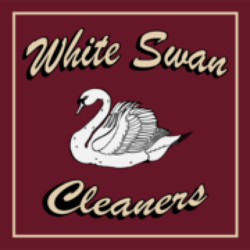 Logo for "White Swan Cleaners" featuring a white swan illustration on a maroon background with stylized white and black text.