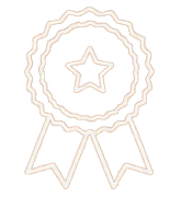 Outline of an award ribbon with a star in the center and two hanging tails, depicted in a light peach color.