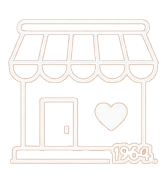 Outline of a storefront with an awning, a heart symbol to the right of the door, and the number "1964" in the bottom right corner.