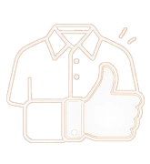 Outline of a collared shirt with a large thumbs up symbol in front of it.