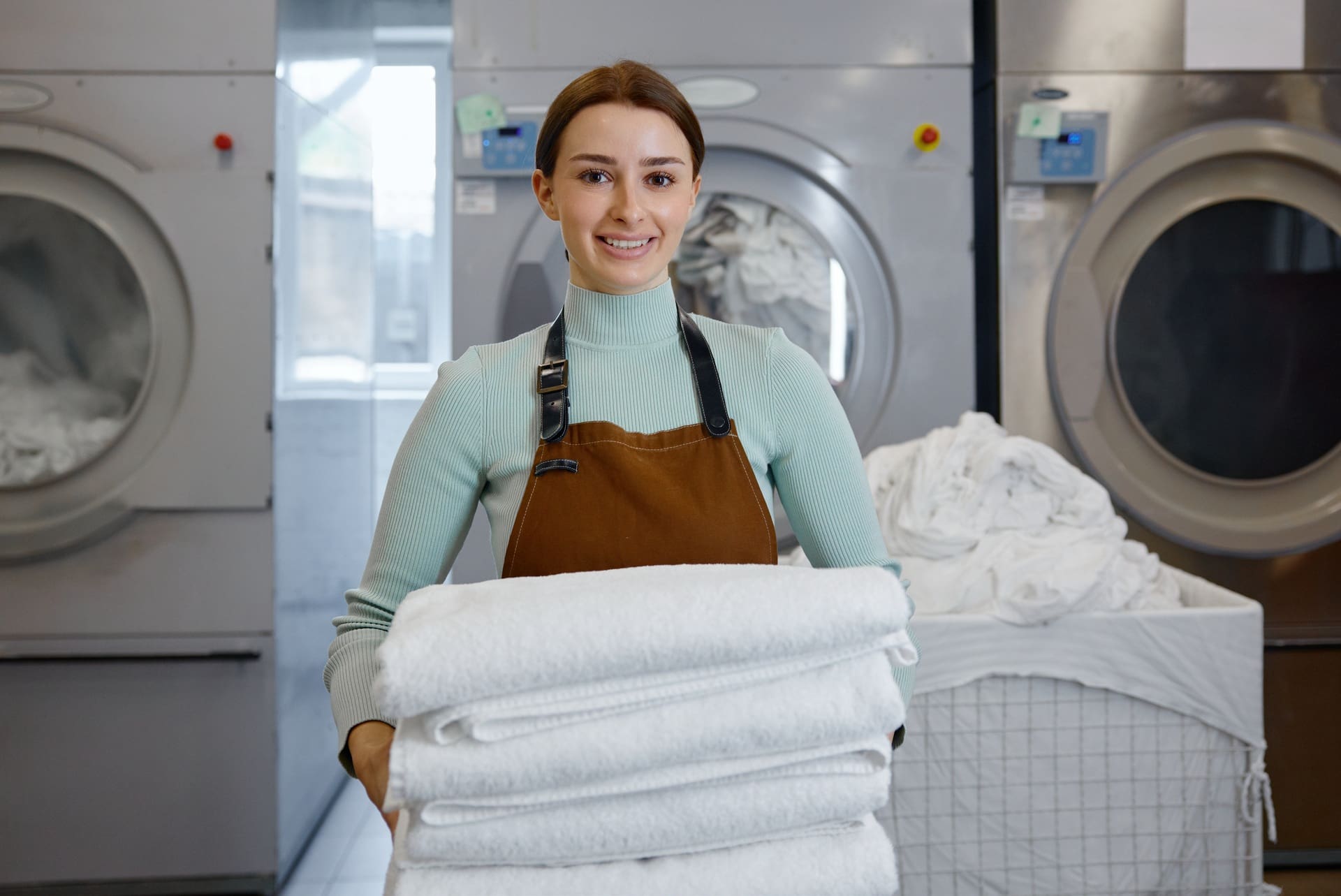 A woman wearing an apron stands in a laundromat, holding a stack of folded white towels in front of industrial washing machines and a bin of laundry.